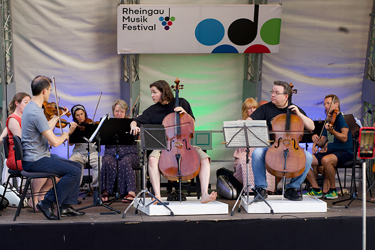 Richard Harwood and Anastasia Kobekina rehearsing Vivaldi's Double Concerto with the Academy of St. Martin in the Fields in July 2026 at the Rheingau Festival in Germany. Photo credit: Michael Pattison